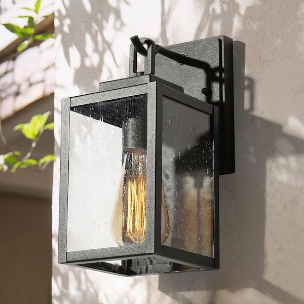 LNC Black Outdoor Wall Sconce, Garage Porch Entry Water-resistant Anti-Rust Square Exterior Lighting with Seeded Glass Shade