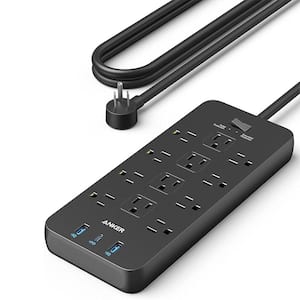 12-Outlet 5 ft. Extension Cord, Power Strip Surge Protector with 1 USB-C and 2 USB Iphone Ports for Home, Office, Black