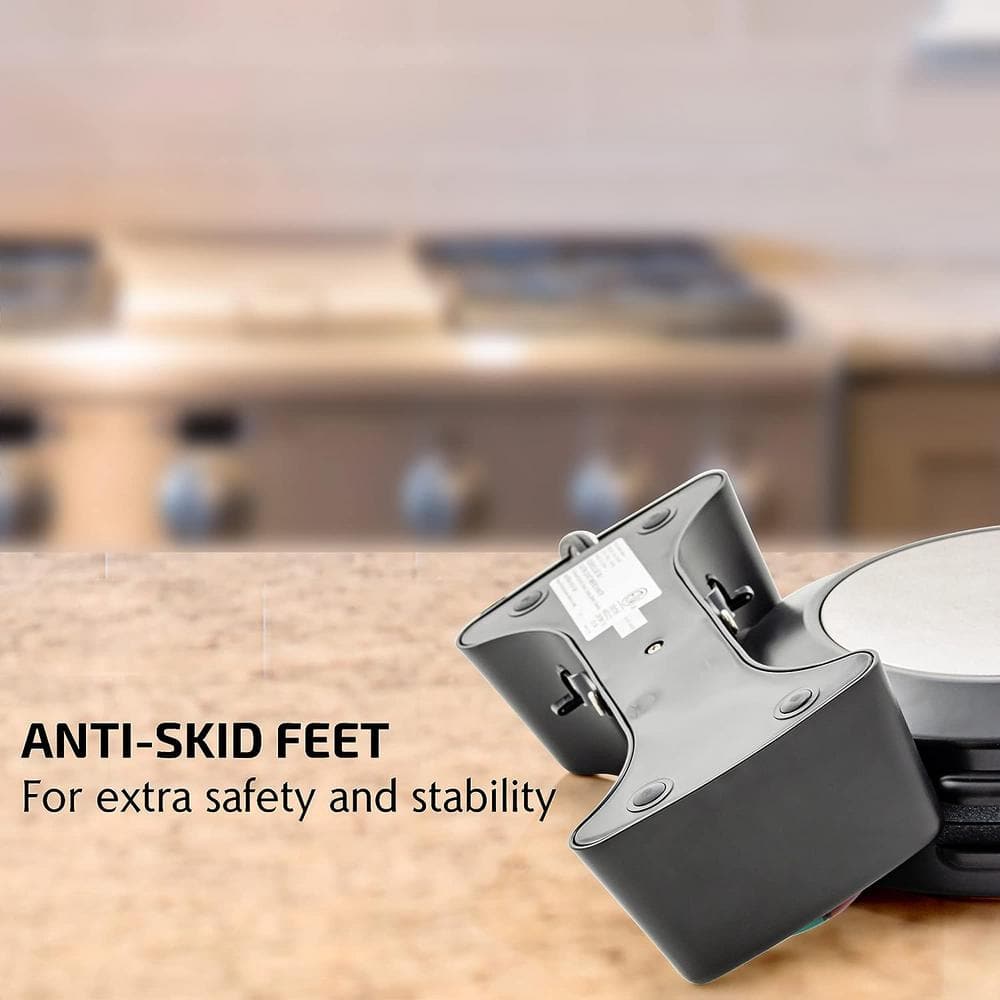 Black Stainless Steel Rotating Belgian Waffle Maker with Non-Stick Plates