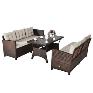 3-Piece Wicker Outdoor Dining Set Hand-Woven Rattan Sofa Set with Beige Cushions and Dining Table