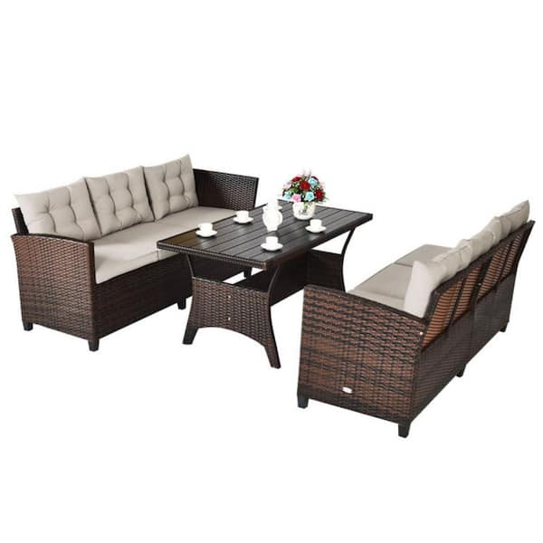 Clihome 3-Piece Wicker Outdoor Dining Set Hand-Woven Rattan Sofa Set with Beige Cushions and Dining Table