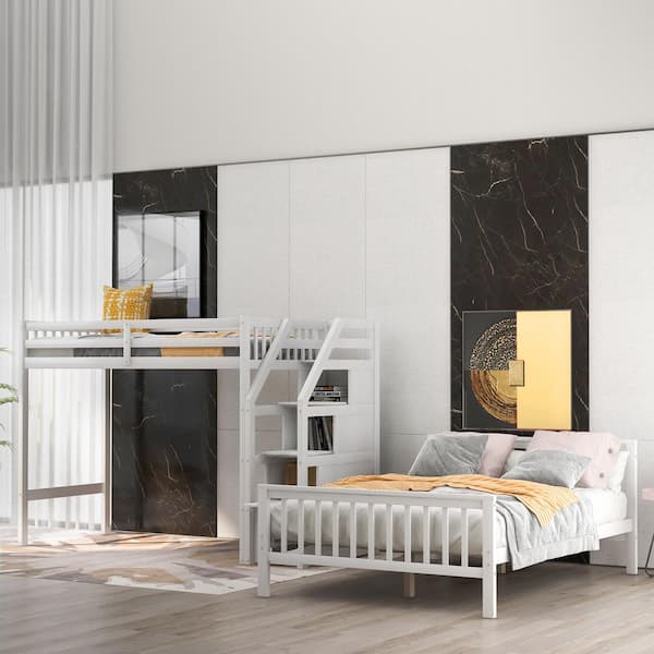 Harper & Bright Designs White Twin Over Full Loft Bed with Storage