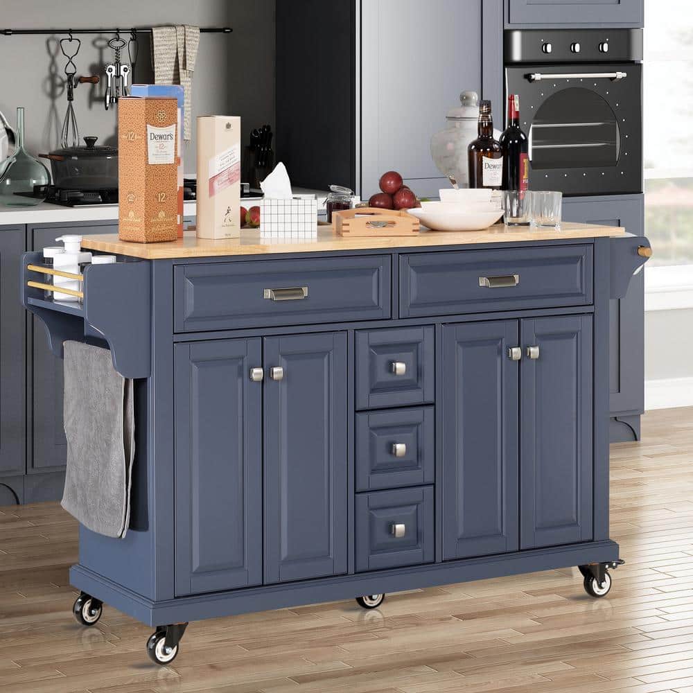 Blue Rubber wood Kitchen Cart with Towel Rack and Spice Rack