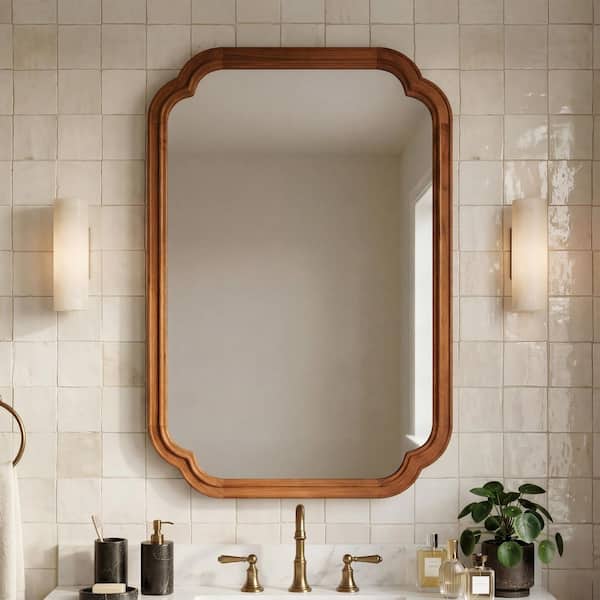 24 in. W x 36 in. H Small Rectangular Framed Rounded Corner Decorative Wall Mount Bathroom Vanity Mirror Yellow Brown