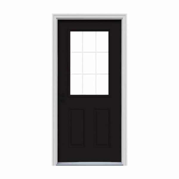 JELD-WEN 32 in. x 80 in. 9 Lite Black Painted Steel Prehung Right-Hand Inswing Entry Door w/Brickmould