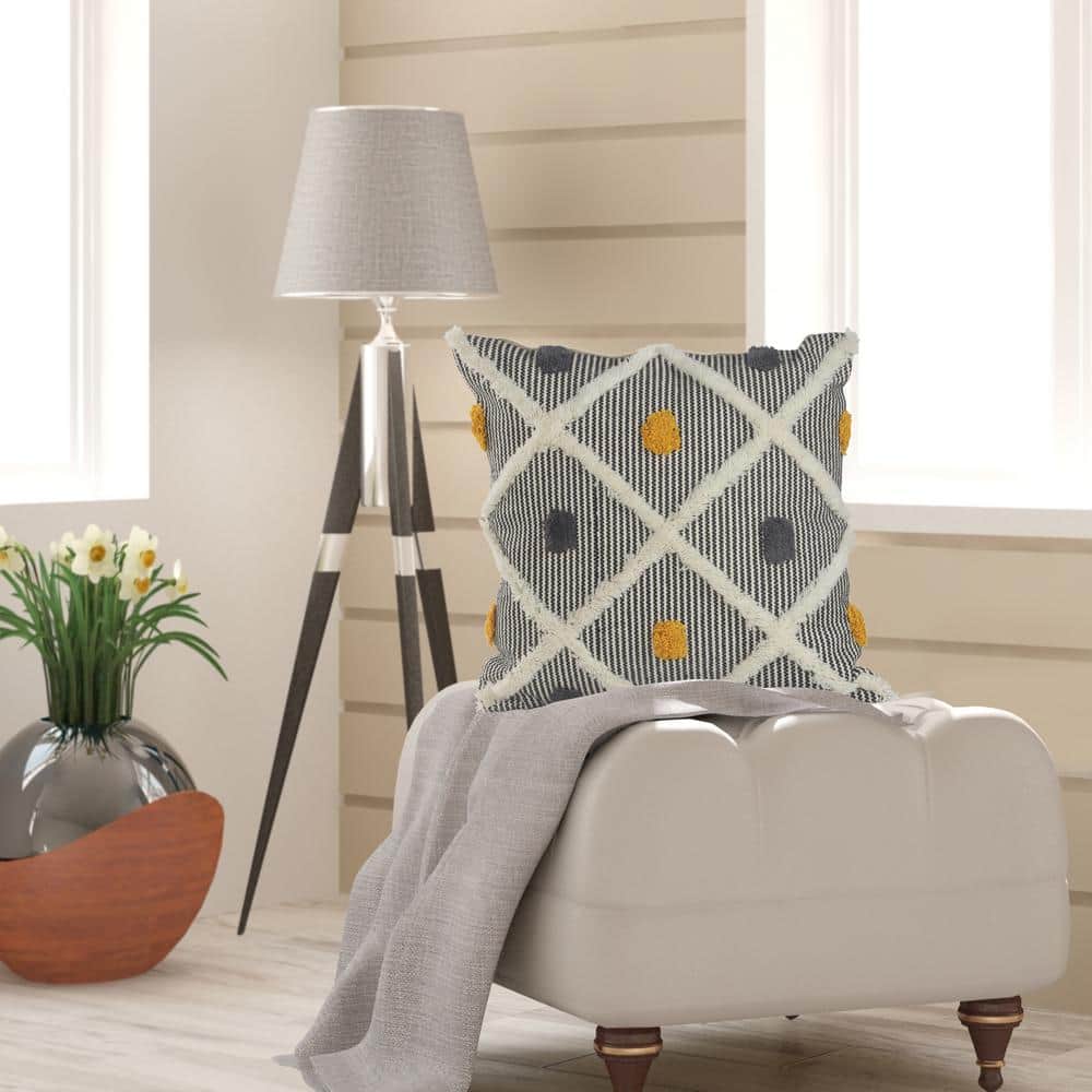 20'' Black and White Cotton Wool Tufted Throw Pillow