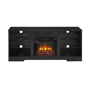 58 in. Freestanding Wood Electric Fireplace TV Stand with Glass Shelves, LED Lights, USB Charging Outlet for 62 in TV