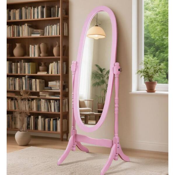 Queen Anne Style Pink 16 in. W x 59.25 in. H Floor Mirror Standing Mirror Tilting Oval Wood Full Length Mirror