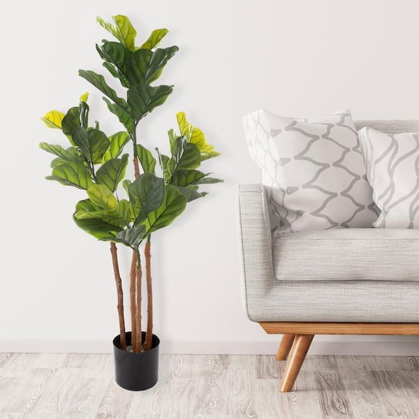 Pure Garden 50 in. Artificial Fiddle Leaf Tree - Potted Faux Floor Plant with Natural Looking Greenery