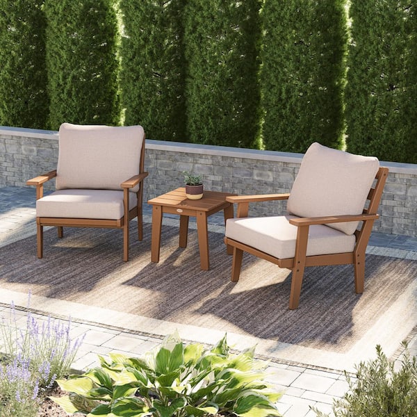 Grant Park Teak 3-Piece Plastic Patio Conversation Deep Seating Set with Dune Burlap Cushions