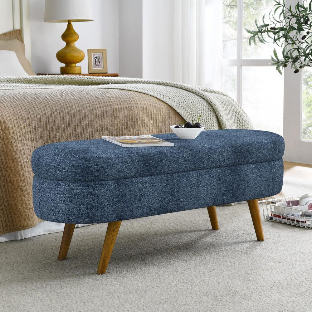 Blue 43.5 in. Oval Bedroom Bench Linen Fabric Upholstered Storage Ottoman B