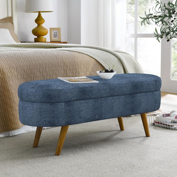 Unbranded Blue 43.5 in. Oval Bedroom Bench Linen Fabric Upholstered Storage Ottoman Bench with Solid Wood Legs Entryway Bench