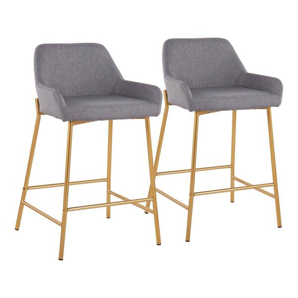 Lumisource Daniella 33 in. Fixed-Height Grey Fabric and Gold Steel Counter Height Bar Stool (Set of 2)