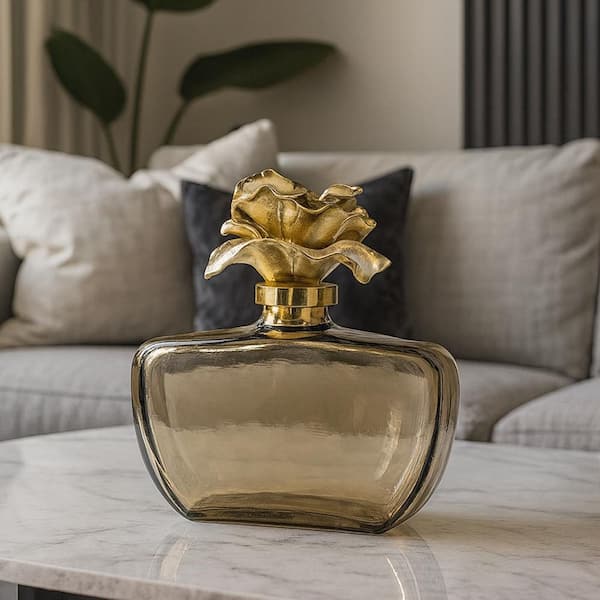Gold 12 in. x 11 in. Handmade Aluminum and Glass Perfume Bottle Sculpture