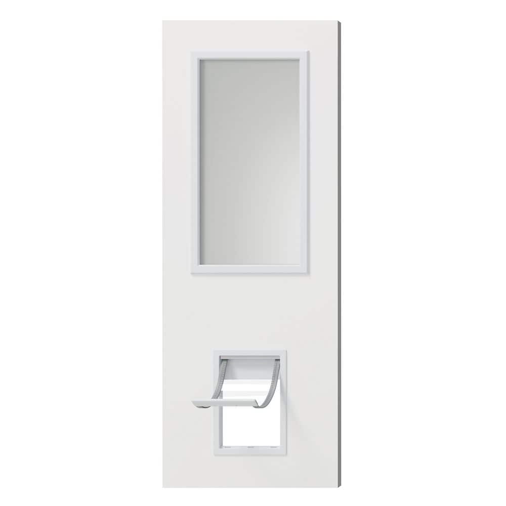 32 in. x 80 in. 1 Lite, Universal, Frosted Glass, White Primed Wood Front Door Slab with Large Pet Door price history on PriceWatchPro