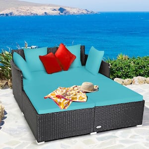 1-Piece Plastic Rattan Outdoor DayBed with Turquoise Cushions