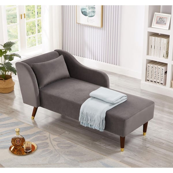 58.3 in. Gray Modern Velvet Bench, Chaise Lounge Chair with Tilted Backrest, Gold-Accent Legs and Removable Pillow