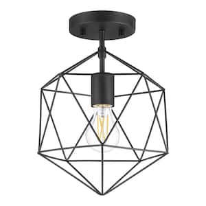 Winfield 9.5 in. 1-Light Black Semi-Flush Mount Ceiling Light Fixture with Geometric Cage