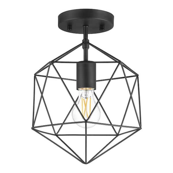 Winfield 9.5 in. 1-Light Black Semi-Flush Mount Ceiling Light Fixture with Geometric Cage