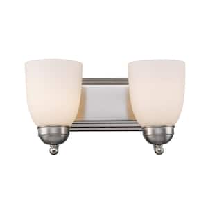Clayton 14 in. 2-Light Brushed Nickel Bathroom Vanity Light Fixture with Frosted Glass Shades