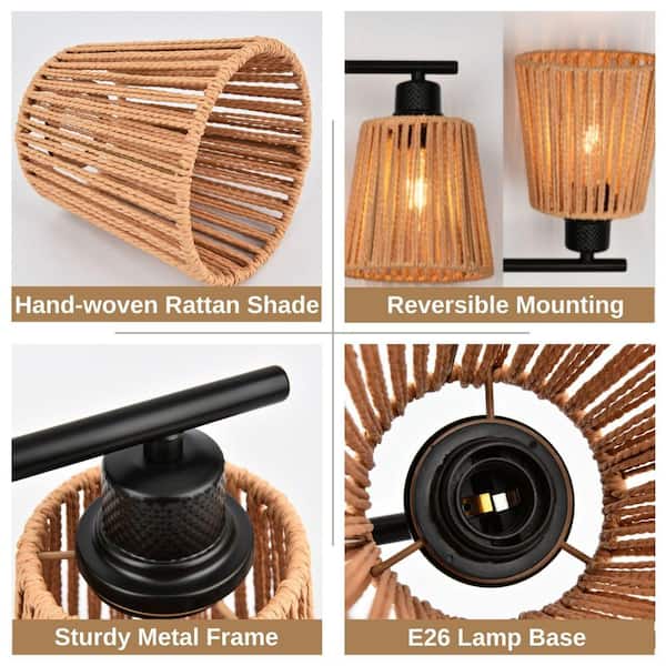 Nafissa 19.29 in. 3 Light Brown Boho Vanity Light with Rattan Shade, Modern Famhouse Bathroom Over Mirror Lights