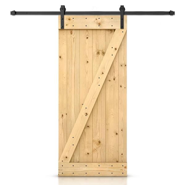 CALHOME 36 in. x 84 in. Unfinished Knotty Pine Wood Sliding Barn Door with Classic Bent Strap Black Hardware Kit