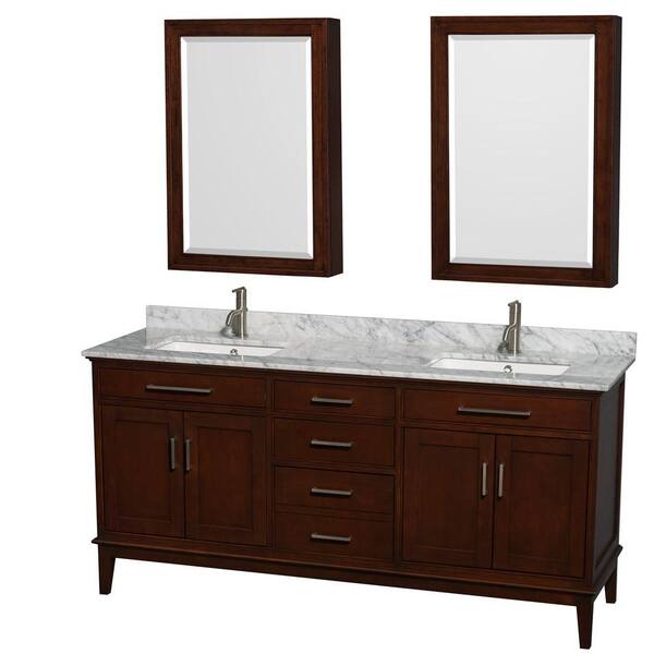 Wyndham Collection Hatton 72 in. Vanity in Dark Chestnut with Marble Vanity Top in Carrara White, Square Sink and Medicine Cabinet