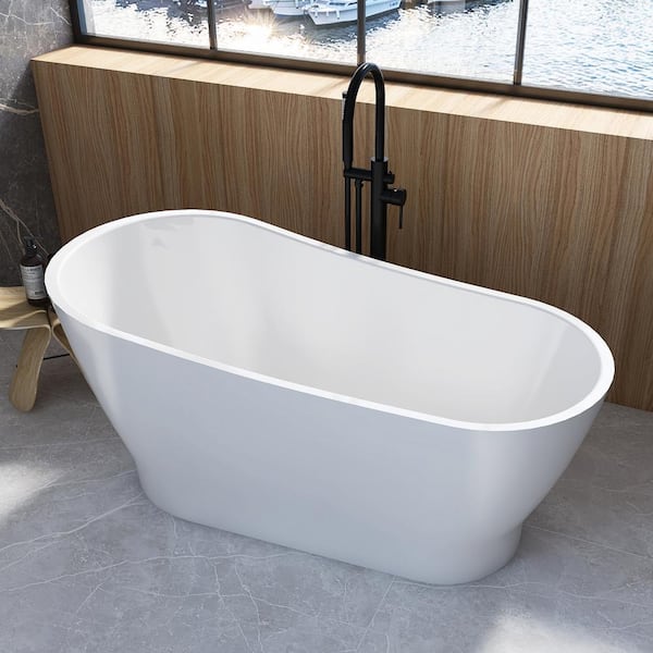 MEDUNJESS Samos 59 in. x 28 in. Flatbottom Freestanding Acrylic Soaking Bathtub in White with Overflow and Drain Center in Chrome