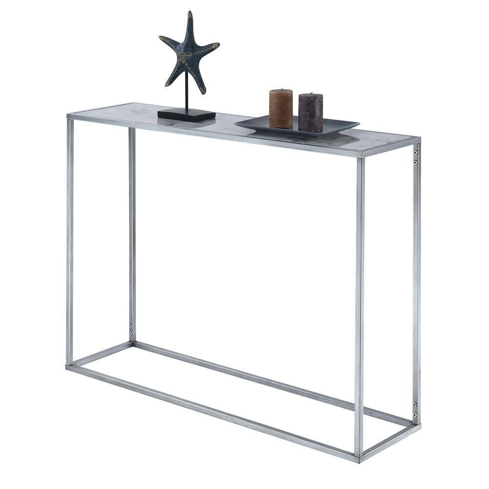 Victorian Elegance 42" Faux Marble Console Table with Mirrored Storage, Silver/White