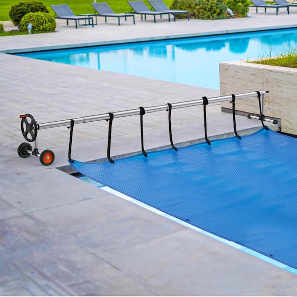 Usinso Solar Cover Reels for Inground Swimming Pool Swinming Pool Cover Reel Set Above Ground Pool Stainless Steel Solar Reel (14ft, Black)