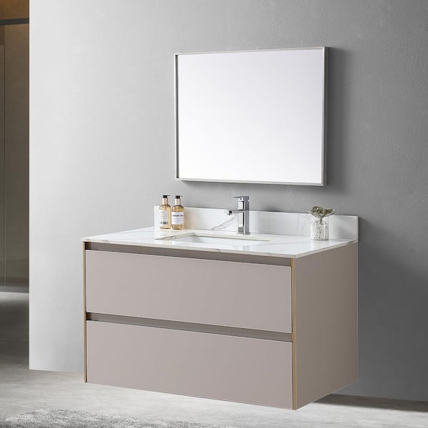 Unbranded 43 in. W x 22 in. D Engineered Stone Composite White Rectangular Single Sink Bathroom Vanity Top in Carrara Gold