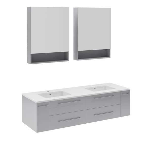 Fresca Lucera 60 in. Double Sink Wall Mount Gray Bath Vanity with White Quartz Top, Undermount Sinks and Medicine Cabinets