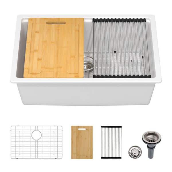 28 in. Undermount Single Bowl White Quartz Kitchen Sink with Cutting Board, Bottom Grids, Drain Assembly