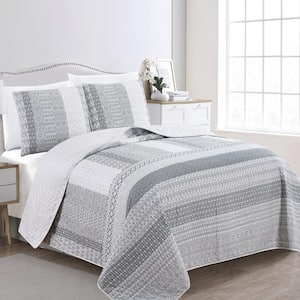 Gray Printed Stripe Pattern Full/Queen Microfiber 3-Piece Quilt Set Bedspread