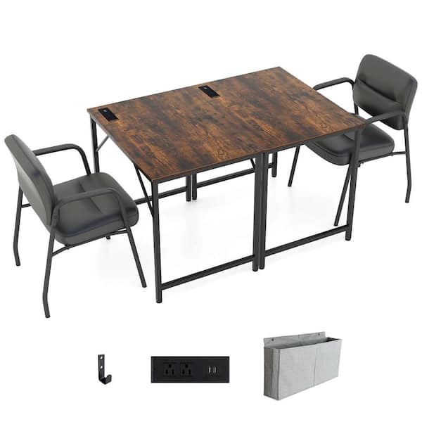 Costway 2-Pieces 32 in. Rectangular Brown Wood Desk with Charging Station Storage Bag and Headphone Hook
