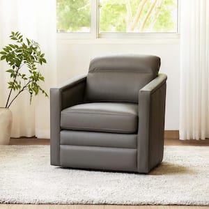 Elvira 28.74 in. Wide Grey Genuine Leather Swivel Chair with Squared Arms
