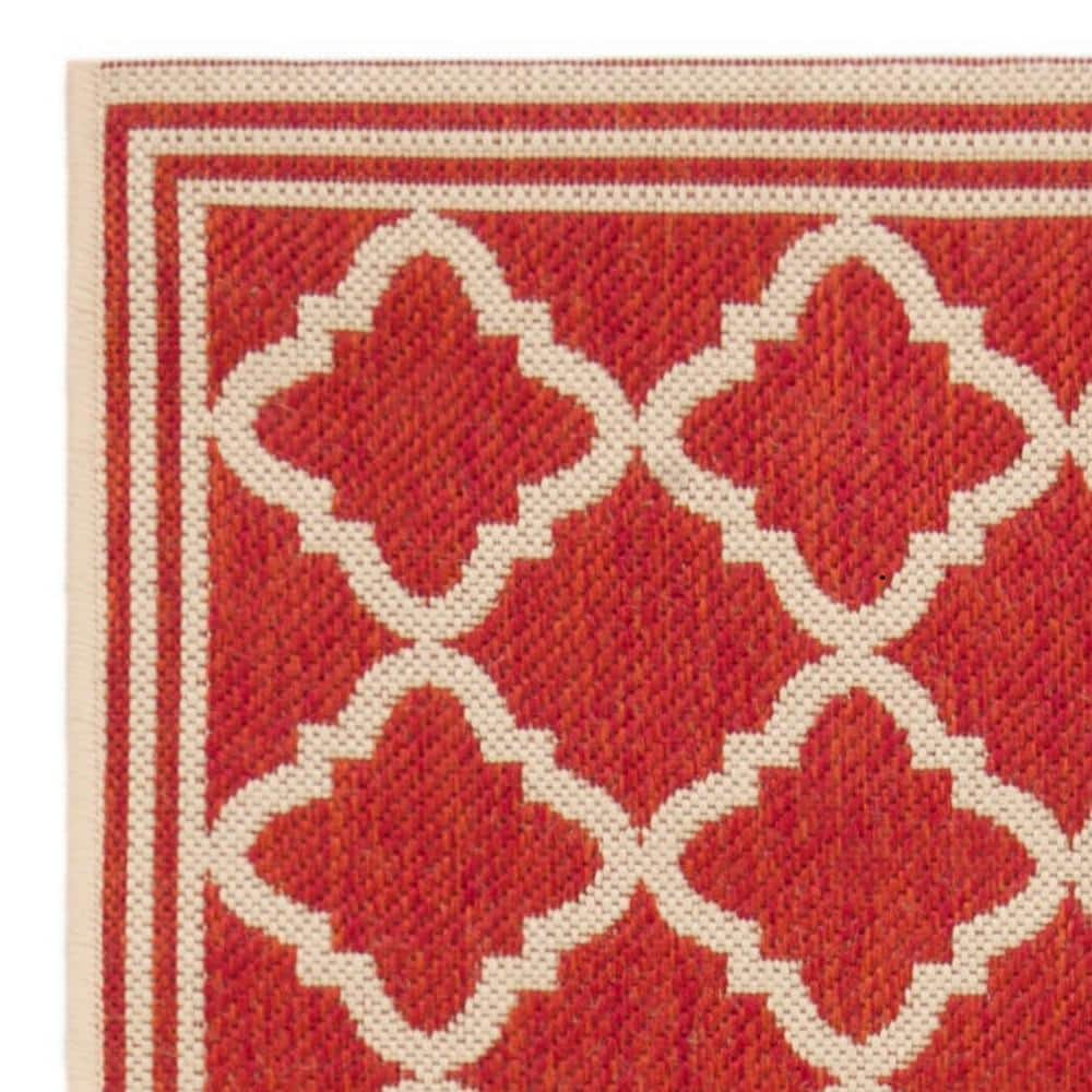 Geometric Red & Cream Synthetic 2' x 8' Easy-Care Runner Rug