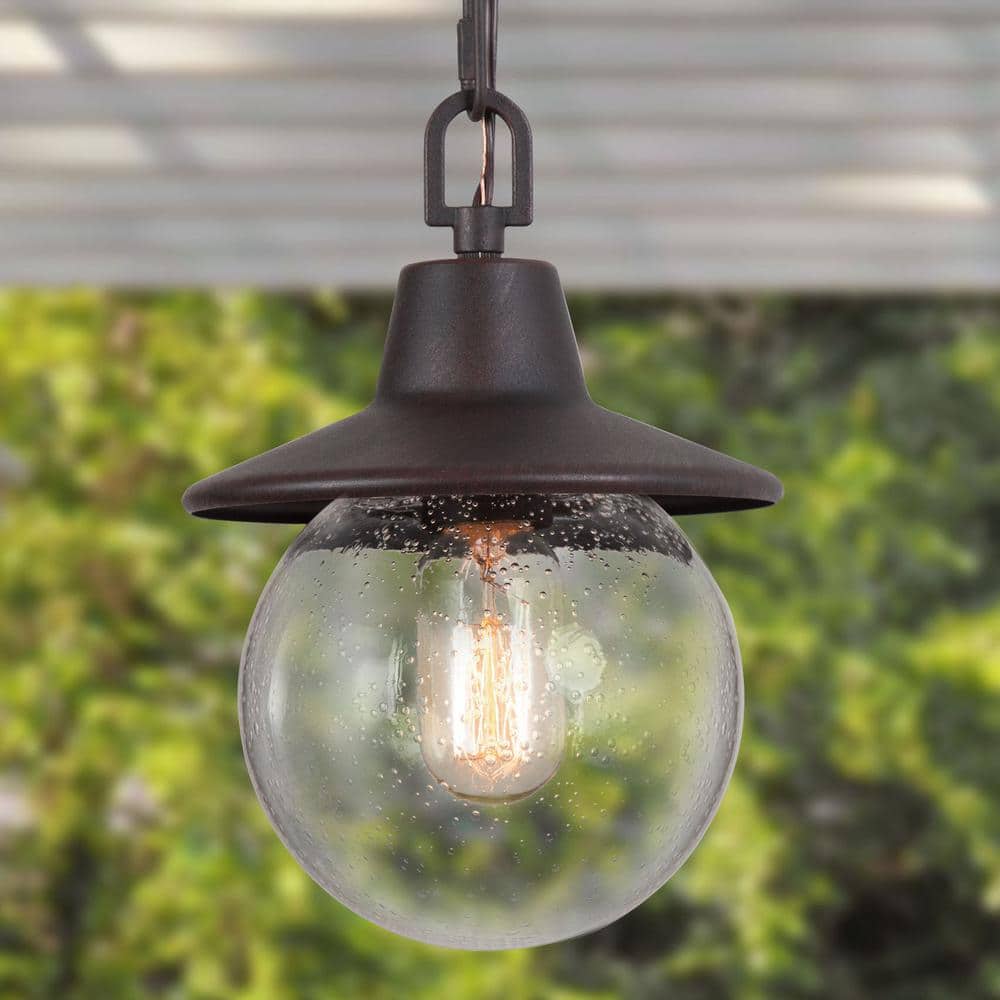 A03355 9.4 Hanging Lamp for Porch Log Barn 1 Light Outdoor Lantern Pendant Lighting in Painted Black Metal with Clear Bubbled Glass Globe 