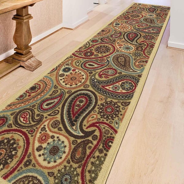 Ottohome Collection Non-Slip Rubberback Paisley Design 3x10 Indoor Runner Rug, 2 ft. 7 in. x 9 ft. 10 in., Camel