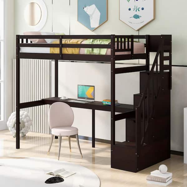 Qualler Espresso Twin Size Loft Bed with Staircase and Built-in Desk