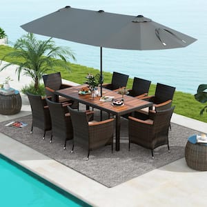 9-Piece Acacia Wood Outdoor Dining Set with Gray 15 Feet Double-Sided Twin Patio Umbrella, Beige Cushion