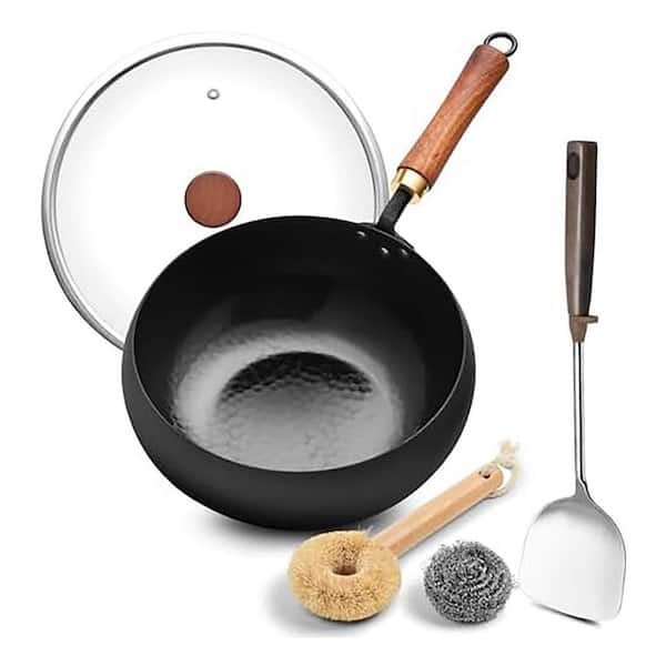 9.5 Inch Flat Bottom Carbon Steel Wok Pan with Glass Lid Detachable Wooden Handle Induction Gas Compatible Deep Frying