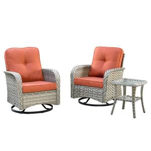 Beverly Gray 3-Piece Wicker Outdoor Patio Conversation Swivel Rocking Chair Seating Set with Red Cushions