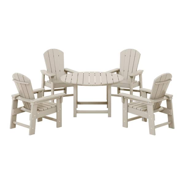 Children's Laguna Outdoor Patio All Weather Plastic 5-Piece Kids Adirondack Round Picnic Table Dining Set in Sand