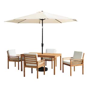 6 -Piece Set, Okemo Wood Outdoor Dining Table Set with 4 Cushioned Chairs, 10 ft. Auto Tilt Umbrella Tan