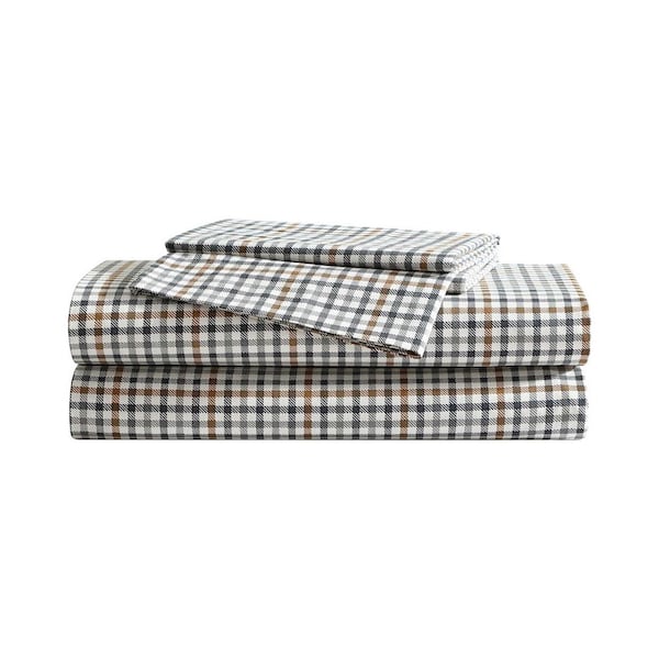 Griffin Plaid 4-Piece Cream/Dark Grey/Brown Percale Cotton Queen Sheet Set