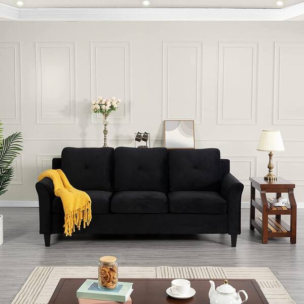 HOMESTOCK 79 in. Square Arm 3-Seater Sofa in Black