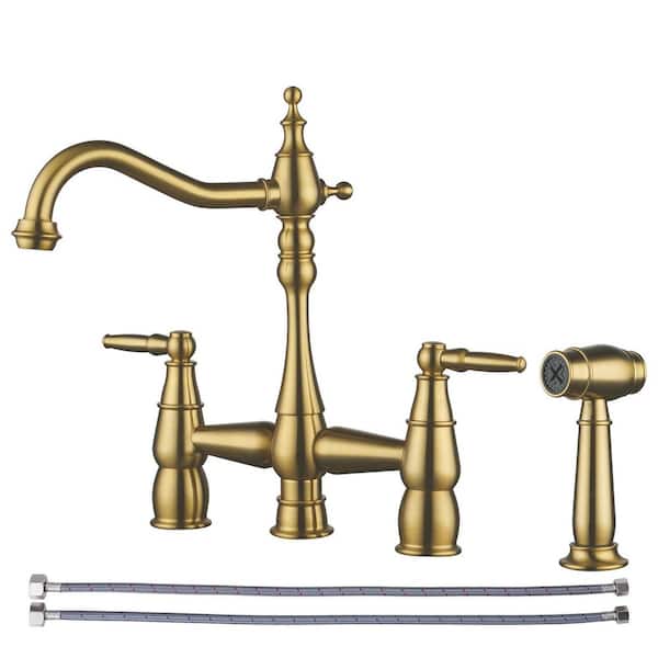 AVITAS Brass Double Handle Bridge Kitchen Faucet with Side Sprayer in Gold