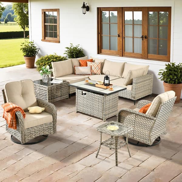 Savona 9-Piece Wicker Outdoor Patio Conversation Sectional Chair Set with Rectangular Fire Pit and Beige Cushions
