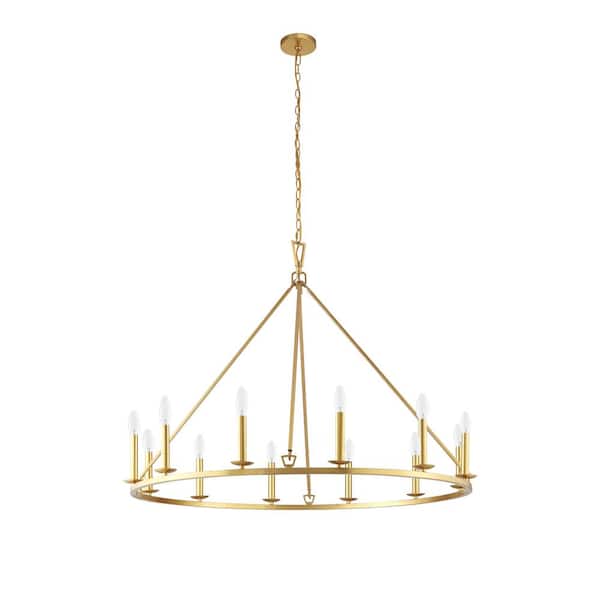 KAWOTI 12-Light 40 in. Distressed Gold Wagon Wheel Chandelier